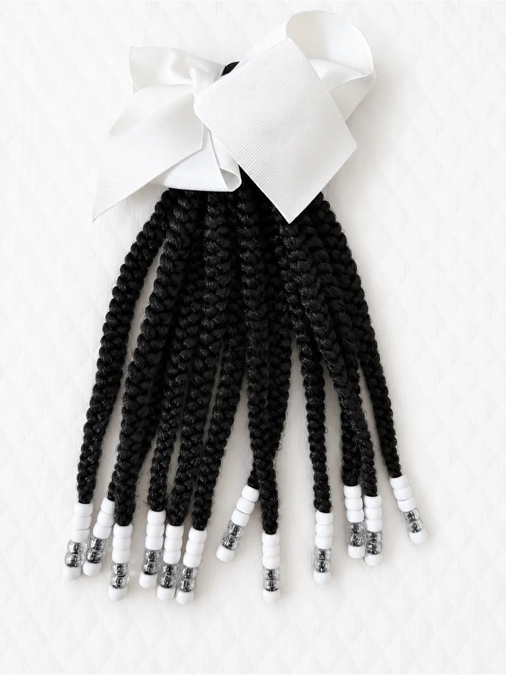 Kid Ponytail Black Braided Beaded Hair Accessory with Red, Green & Gold Accents